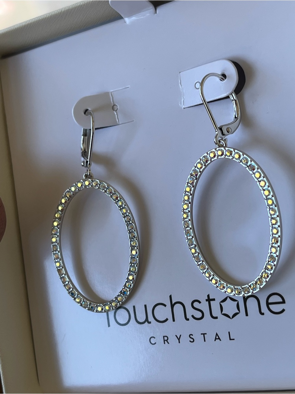 Touchstone Crystal “Dash Out” Oval Drop Earrings - Silver Aurore Borealis - Picture 8 of 10